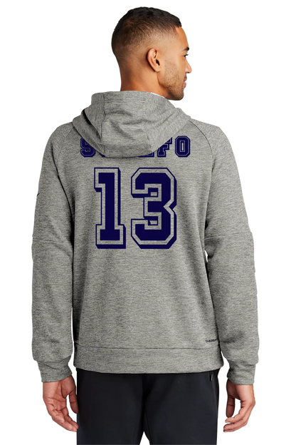 Person wearing a gray hoodie with 'Buffalo' and number '13' on the back, on a white background. Paper Street Print Co, Blairstown, NJ.