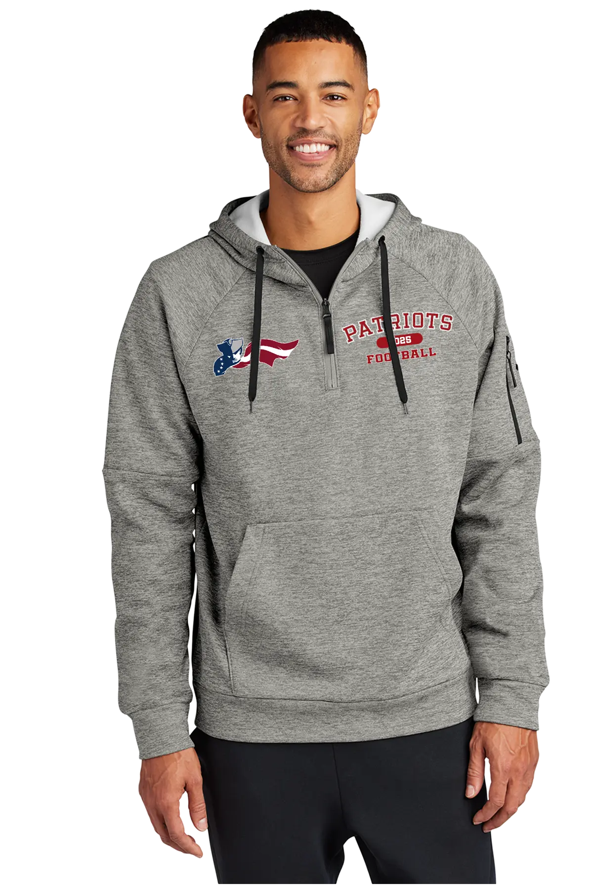 Man wearing a gray hoodie with 'Patriots' text and logo on a white background. Paper Street Print Co, Blairstown, NJ.