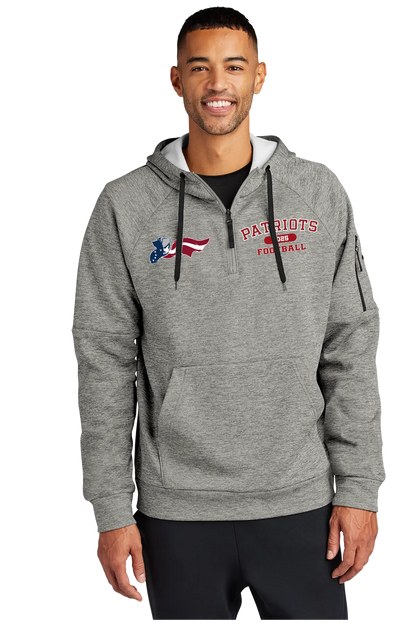 Man wearing a gray hoodie with 'Patriots' text and logo on a white background. Paper Street Print Co, Blairstown, NJ.