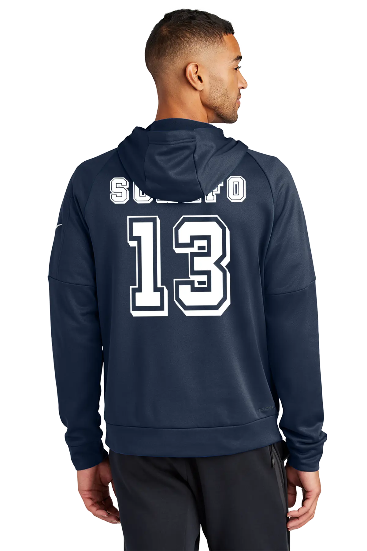 Person wearing a navy hoodie with 'Supra' and number '13' on the back, standing against a white background. Paper Street Print Co, Blairstown, NJ.
