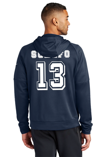 Person wearing a navy hoodie with 'Supra' and number '13' on the back, standing against a white background. Paper Street Print Co, Blairstown, NJ.