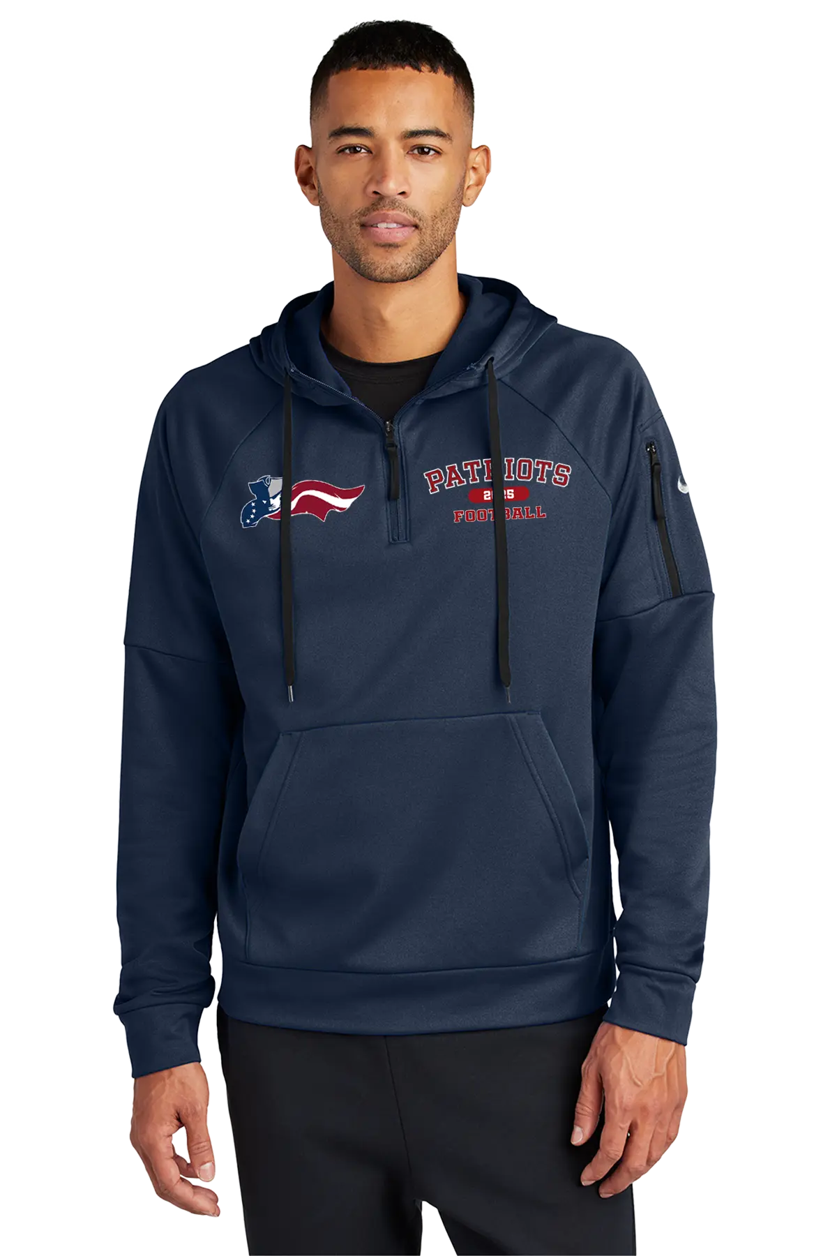 Man wearing a navy hoodie with logos on a white background. Paper Street Print Co, Blairstown, NJ.