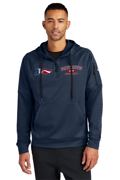 Man wearing a navy hoodie with logos on a white background. Paper Street Print Co, Blairstown, NJ.