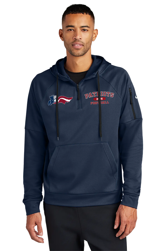 Man wearing a navy hoodie with logos on a white background. Paper Street Print Co, Blairstown, NJ.
