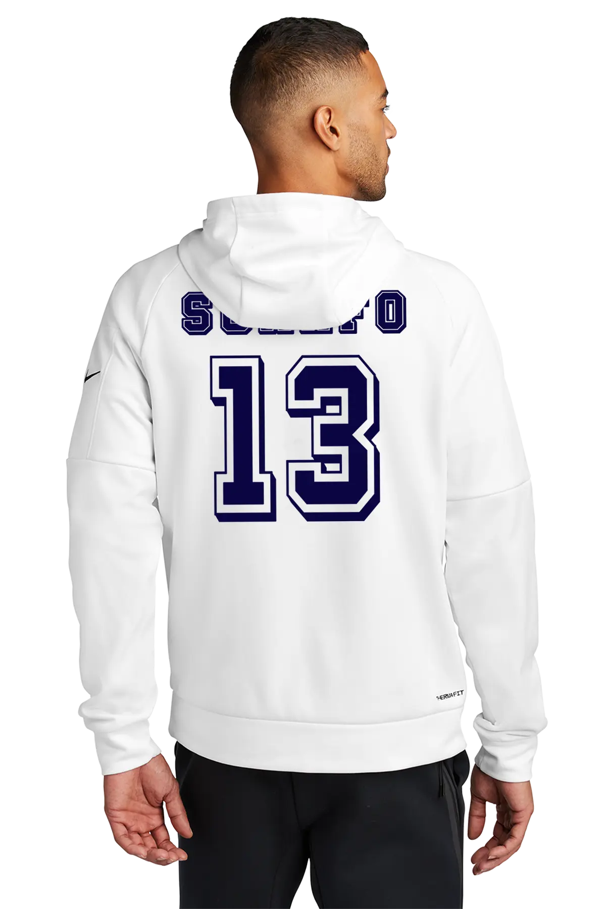 Person wearing a white hoodie with 'SULLIVAN' and number '13' on the back, on a white background. Paper Street Print Co, Blairstown, NJ.