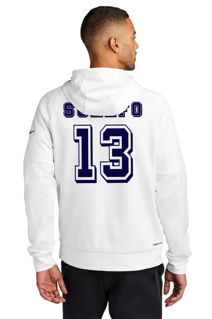 Person wearing a white hoodie with 'SULLIVAN' and number '13' on the back, on a white background. Paper Street Print Co, Blairstown, NJ.