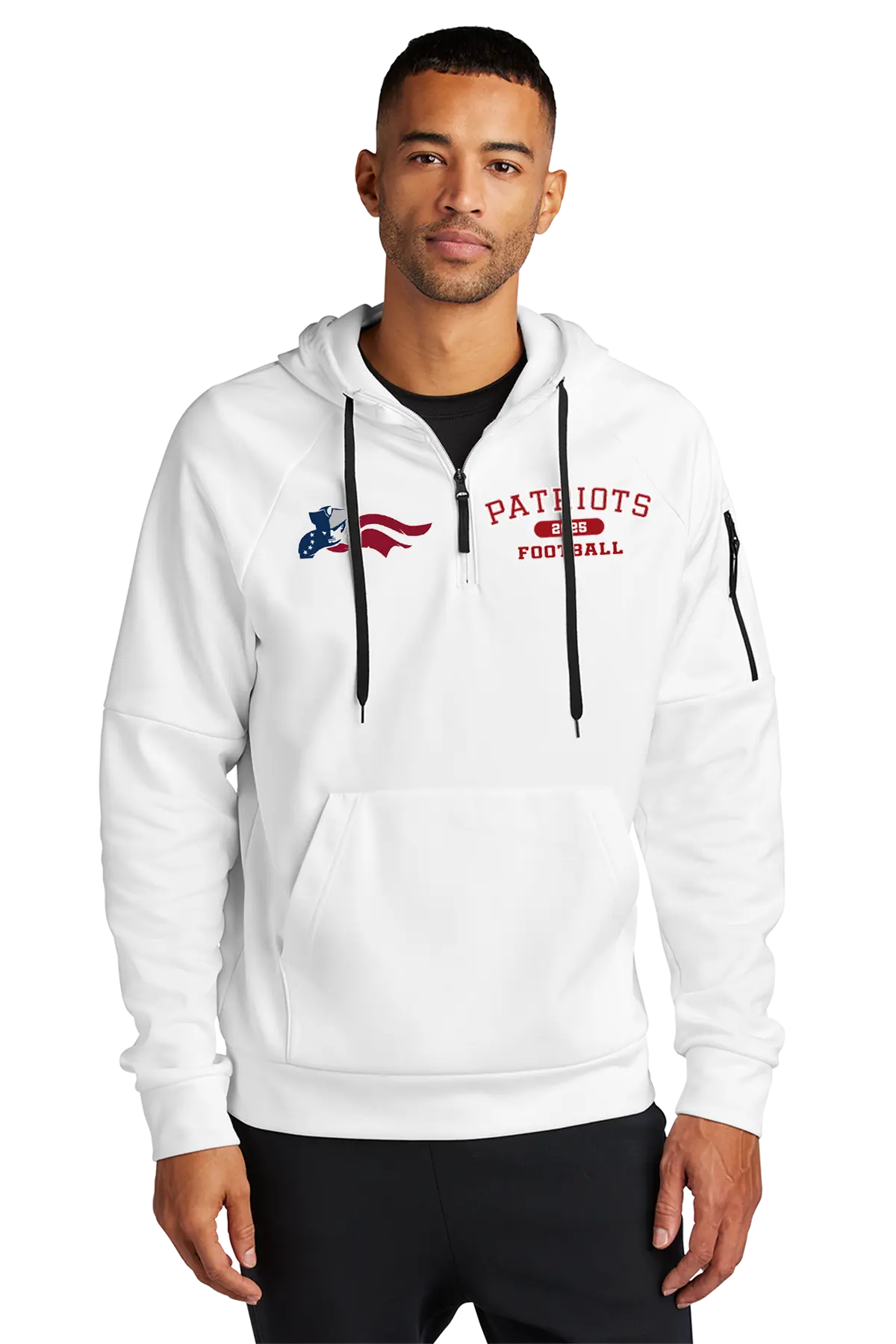 Man wearing a white hoodie with 'Patriots Football' text on a white background. Paper Street Print Co, Blairstown, NJ.