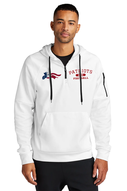 Man wearing a white hoodie with 'Patriots Football' text on a white background. Paper Street Print Co, Blairstown, NJ.
