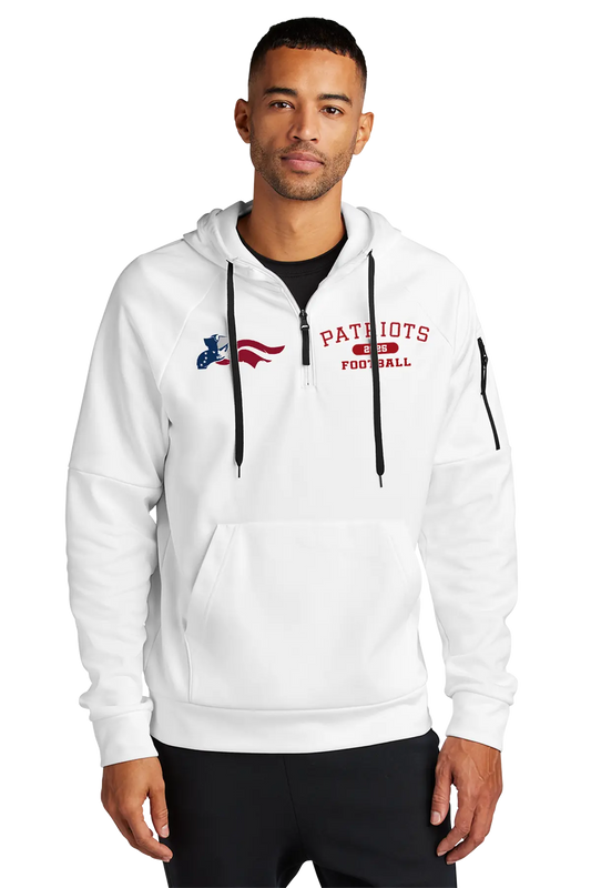 Man wearing a white hoodie with 'Patriots Football' text on a white background. Paper Street Print Co, Blairstown, NJ.