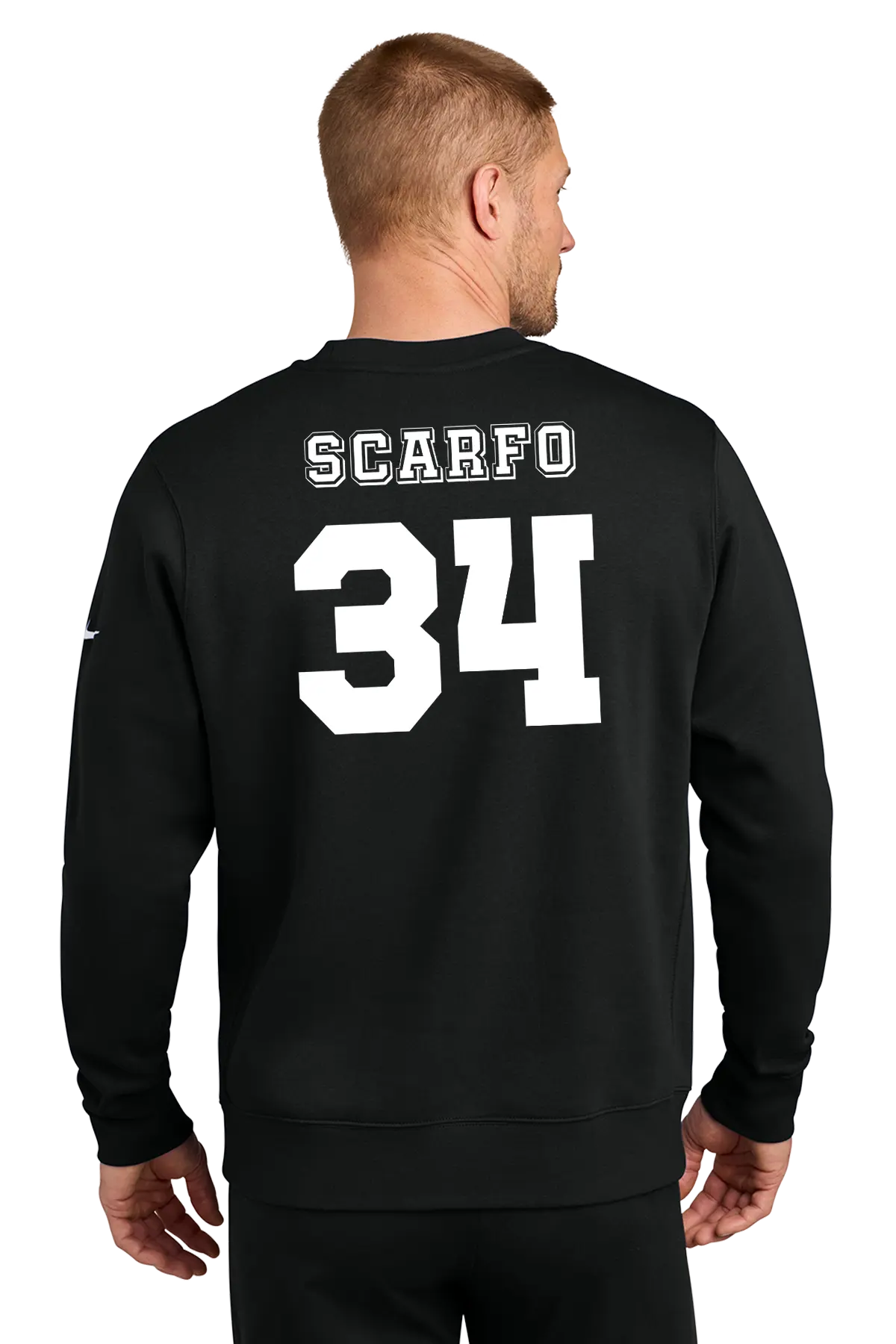 A man viewed from the back wearing a black crewneck sweatshirt with 'SCARFO' and the number '34' printed in white on the back. Belvidere Lady Seaters Basketball, Paper Street Print Co, Blairstown, NJ.