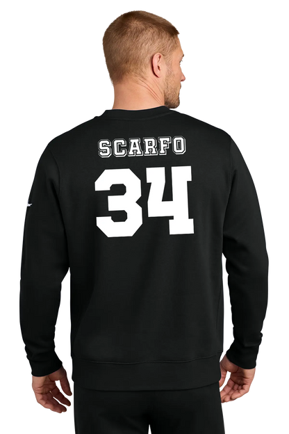 A man viewed from the back wearing a black crewneck sweatshirt with 'SCARFO' and the number '34' printed in white on the back. Belvidere Lady Seaters Basketball, Paper Street Print Co, Blairstown, NJ.