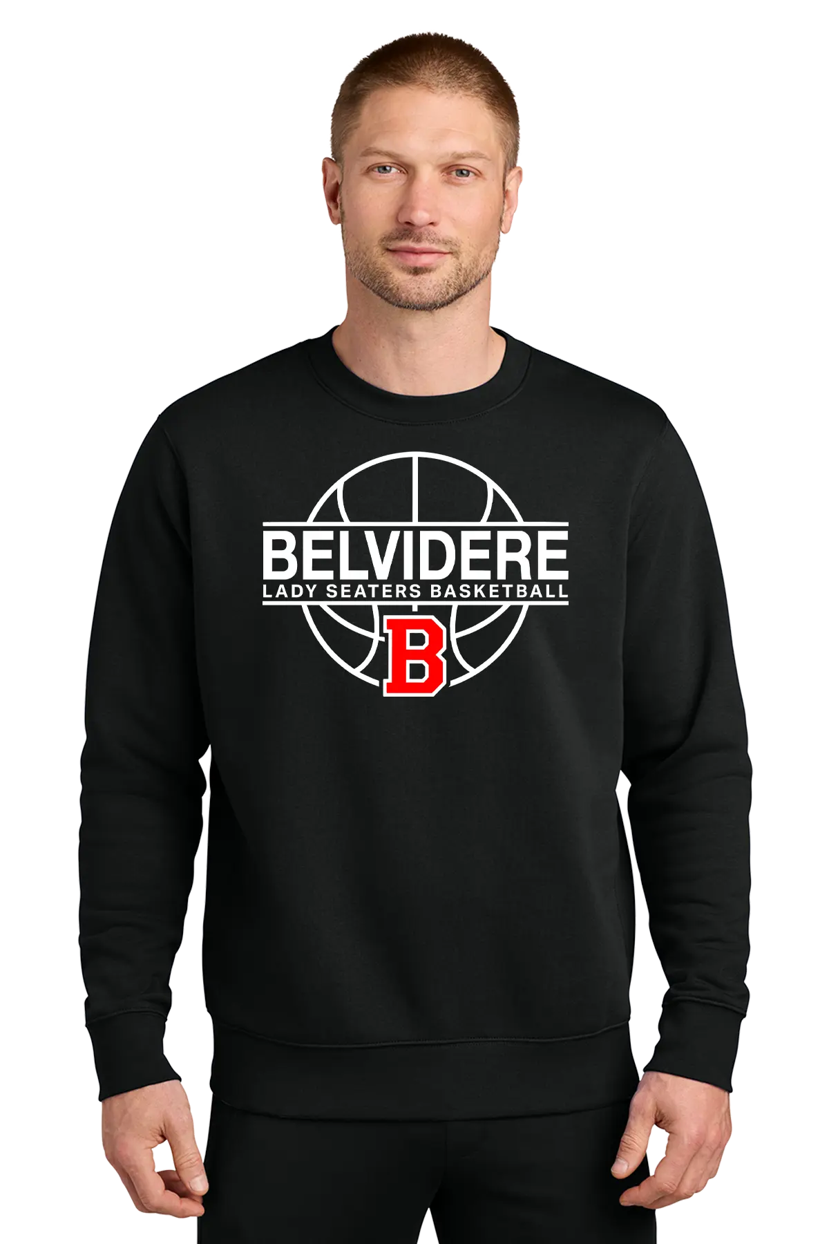 A man wearing a black crewneck sweatshirt with a white and red graphic on the chest that reads 'BELVIDERE LADY SEATERS BASKETBALL' with a basketball and letter 'B' design. Paper Street Print Co, Blairstown, NJ
