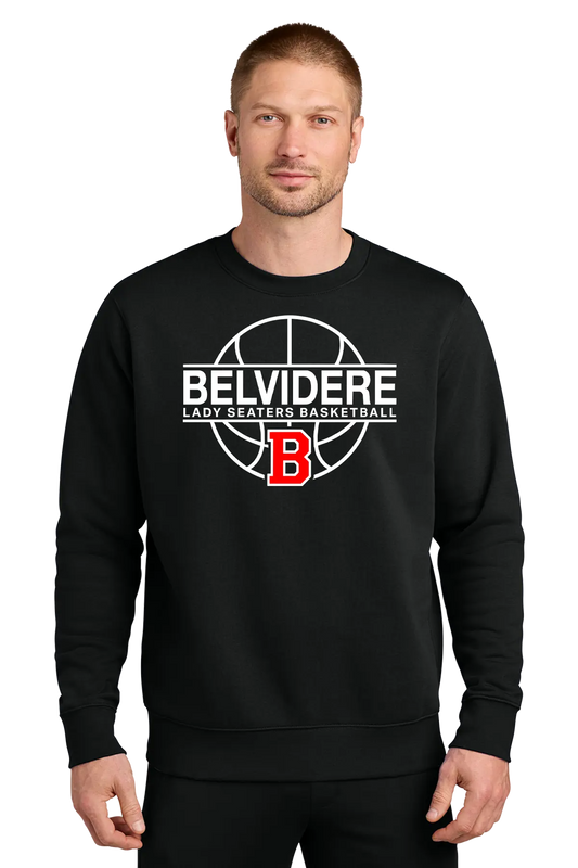 A man wearing a black crewneck sweatshirt with a white and red graphic on the chest that reads 'BELVIDERE LADY SEATERS BASKETBALL' with a basketball and letter 'B' design. Paper Street Print Co, Blairstown, NJ