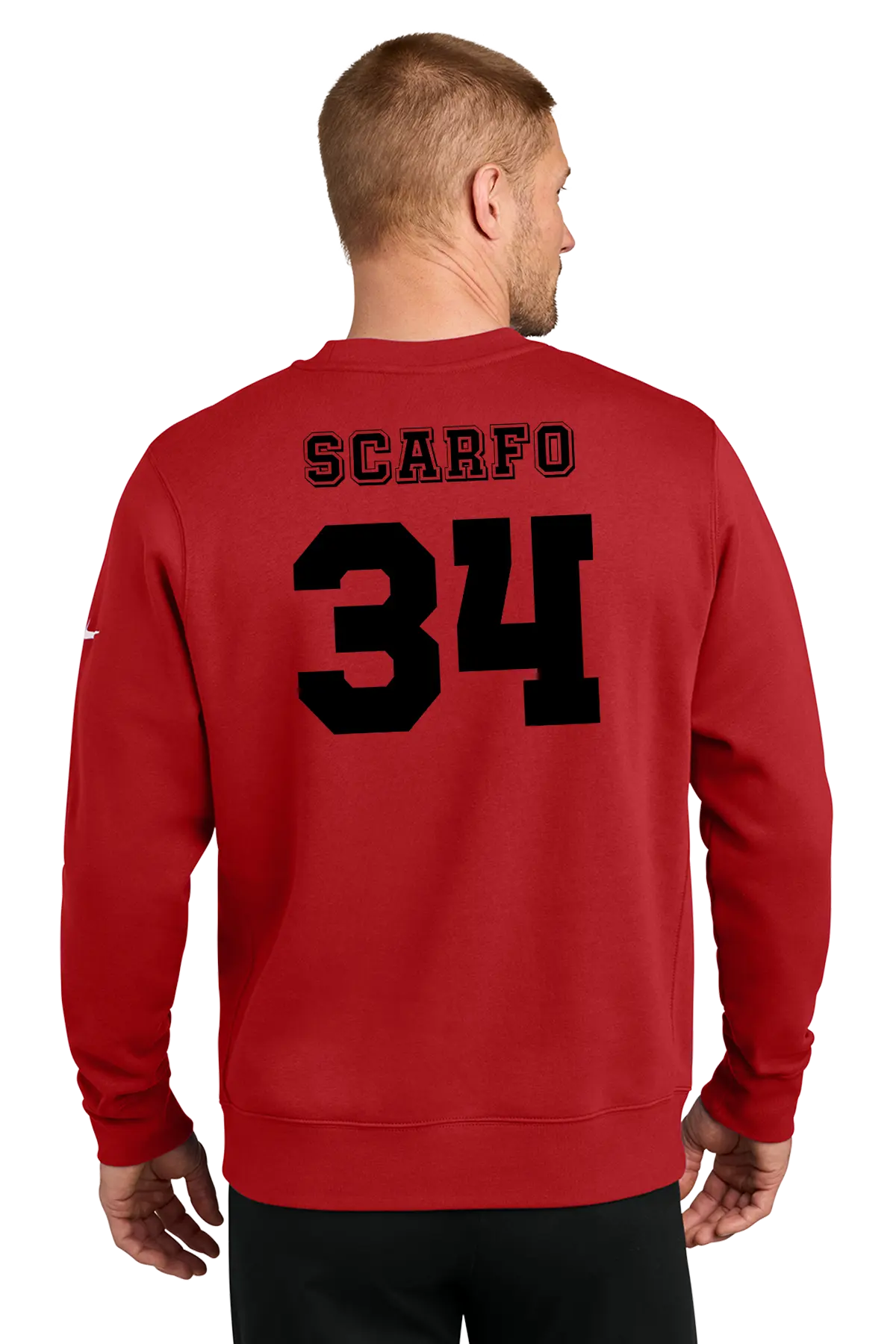 A man viewed from the back wearing a red crewneck sweatshirt with 'SCARFO' and the number '34' printed in black on the back. Belvidere Lady Seaters Basketball, Paper Street Print Co, Blairstown, NJ.