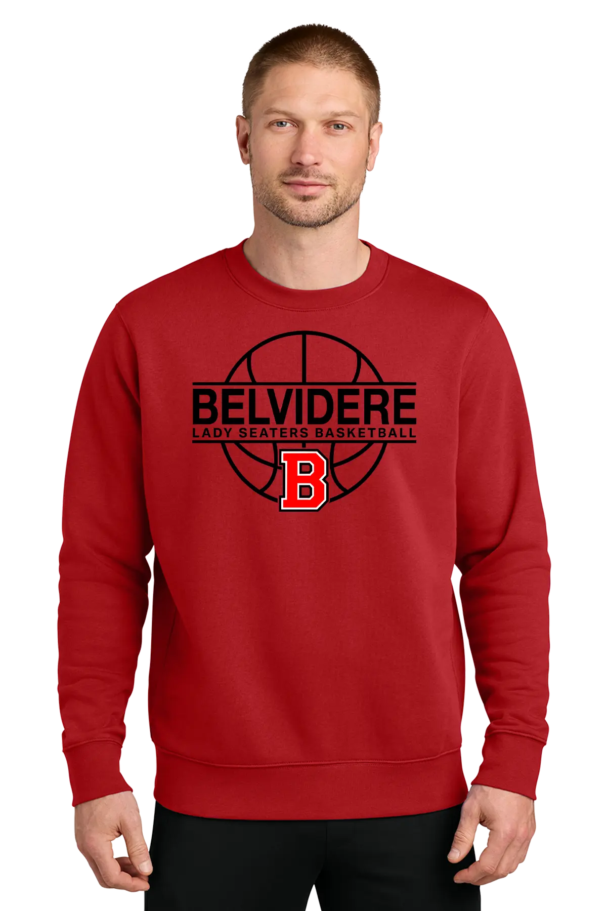 A man wearing a red crewneck sweatshirt with a black and red 'Belvidere Lady Seaters Basketball' graphic on the chest, set against a plain white background. Paper Street Print Co, Blairstown, NJ