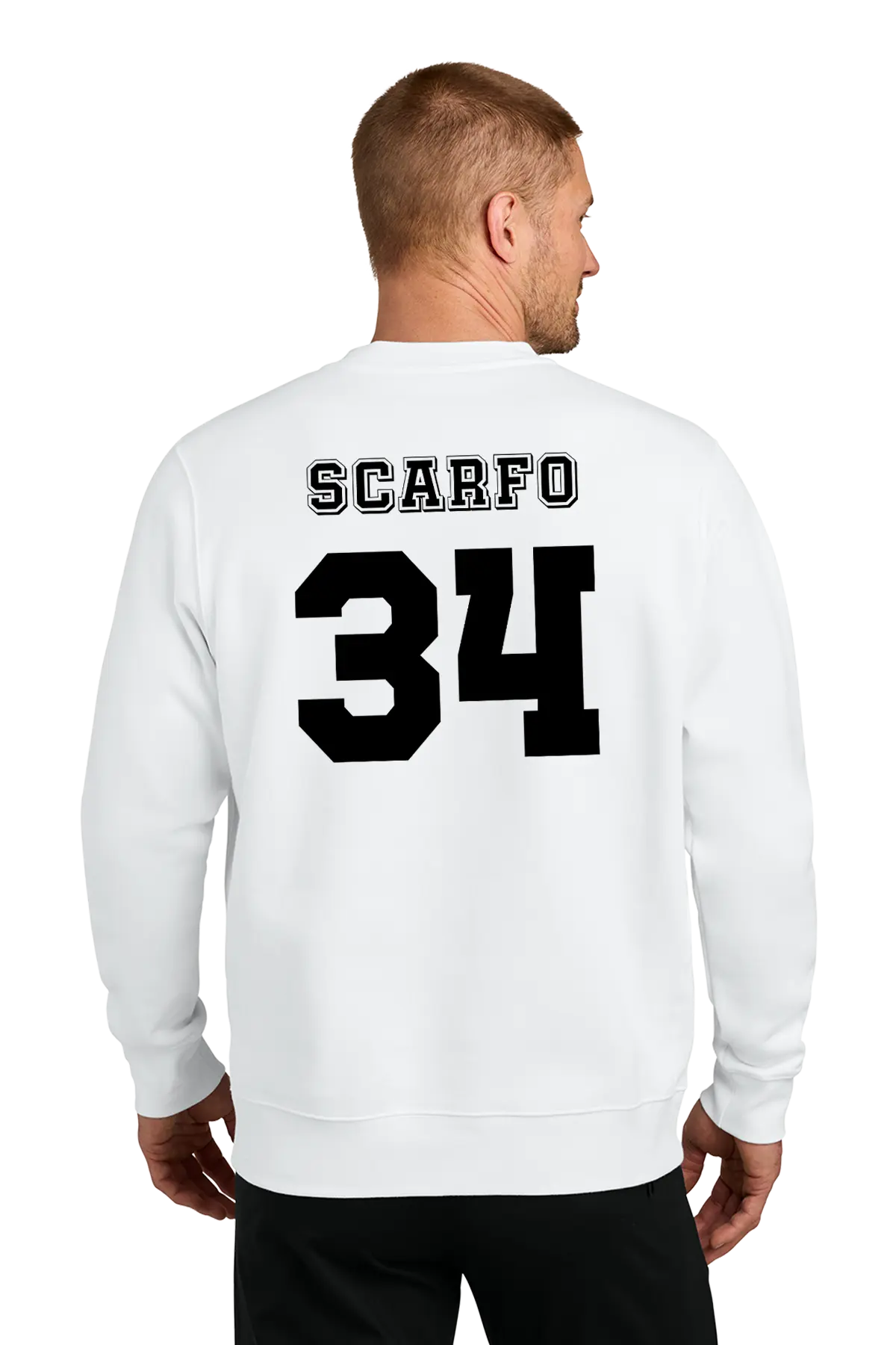 A man viewed from the back wearing a white crewneck sweatshirt with 'SCARFO' and the number '34' printed in black on the back, paired with black pants, against a plain white background. Belvidere Lady Seaters Basketball, Paper Street Print Co, Blairstown, NJ.