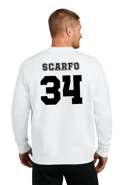 A man viewed from the back wearing a white crewneck sweatshirt with 'SCARFO' and the number '34' printed in black on the back, paired with black pants, against a plain white background. Belvidere Lady Seaters Basketball, Paper Street Print Co, Blairstown, NJ.