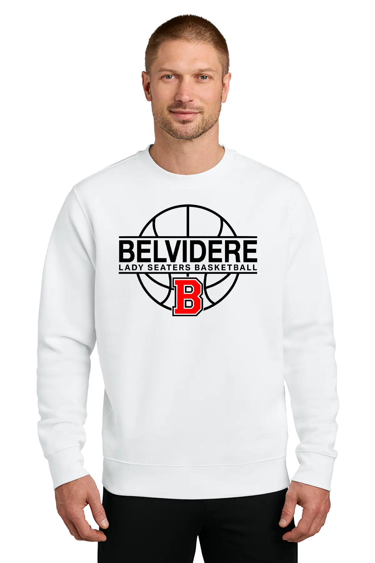 A man wearing a white crewneck sweatshirt with a black and red basketball graphic on the chest that reads 'BELVIDERE LADY SEATERS BASKETBALL' with a red 'B' logo, set against a plain white background. Paper Street Print Co, Blairstown, NJ