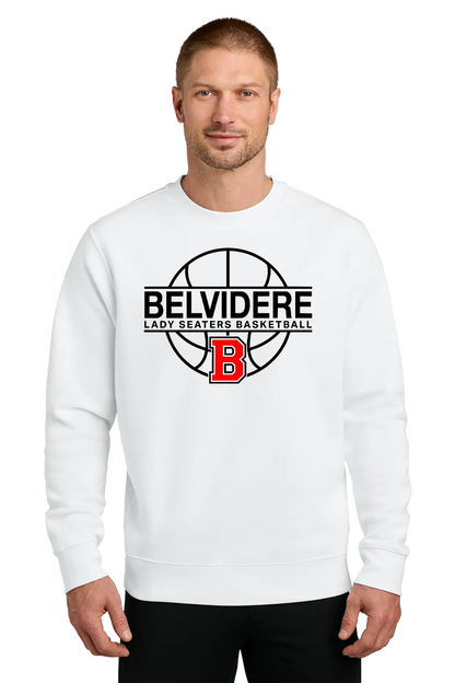 A man wearing a white crewneck sweatshirt with a black and red basketball graphic on the chest that reads 'BELVIDERE LADY SEATERS BASKETBALL' with a red 'B' logo, set against a plain white background. Paper Street Print Co, Blairstown, NJ
