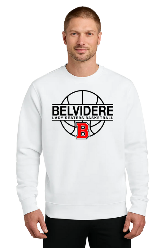 A man wearing a white crewneck sweatshirt with a black and red basketball graphic on the chest that reads 'BELVIDERE LADY SEATERS BASKETBALL' with a red 'B' logo, set against a plain white background. Paper Street Print Co, Blairstown, NJ