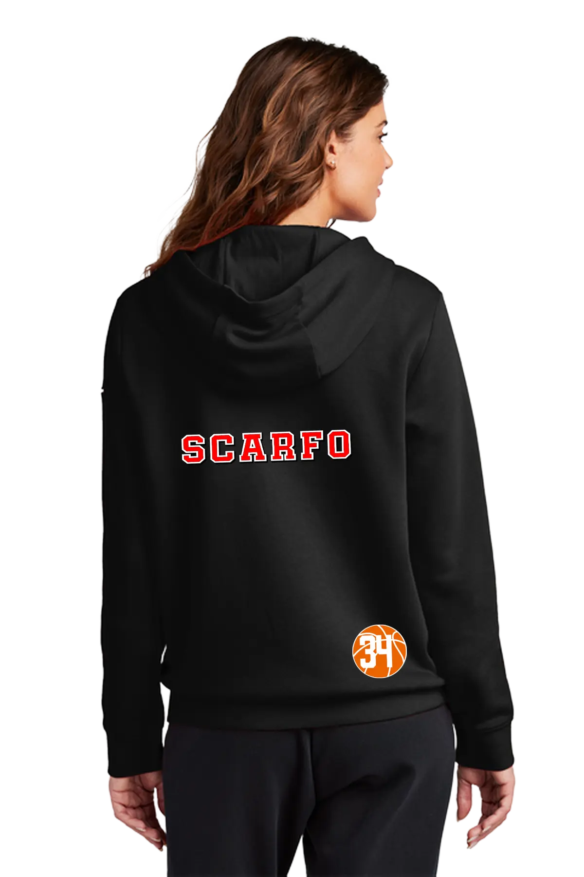 A woman shown from the back wearing a black hoodie with 'SCARFO' printed in red across the upper back and a small orange circular logo near the lower back. The background is solid white. Blairstown Lady Seaters Basketball, Paper Street Print Co, Blairstown, NJ.