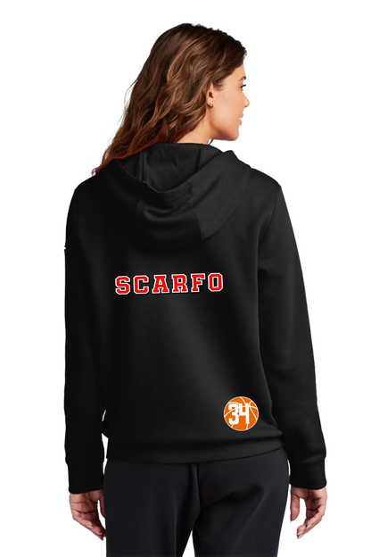 A woman shown from the back wearing a black hoodie with 'SCARFO' printed in red across the upper back and a small orange circular logo near the lower back. The background is solid white. Blairstown Lady Seaters Basketball, Paper Street Print Co, Blairstown, NJ.