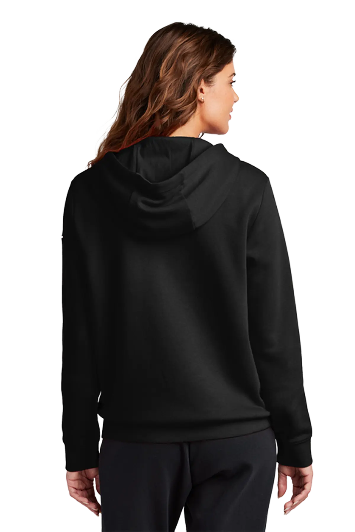 A woman shown from the back wearing a black pullover hoodie and black pants against a plain white studio background. Blairstown Lady Seaters Basketball, Paper Street Print Co, Blairstown, NJ.