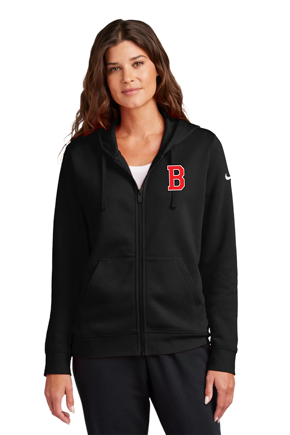 A woman wearing a black full-zip hoodie with a red Boston 'B' logo on the left chest and a small white Nike swoosh on the right sleeve, photographed against a plain white background. Blairstown Lady Seaters Basketball, Paper Street Print Co, Blairstown, NJ.