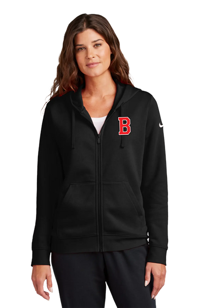 A woman wearing a black full-zip hoodie with a red Boston 'B' logo on the left chest and a small white Nike swoosh on the right sleeve, photographed against a plain white background. Blairstown Lady Seaters Basketball, Paper Street Print Co, Blairstown, NJ.