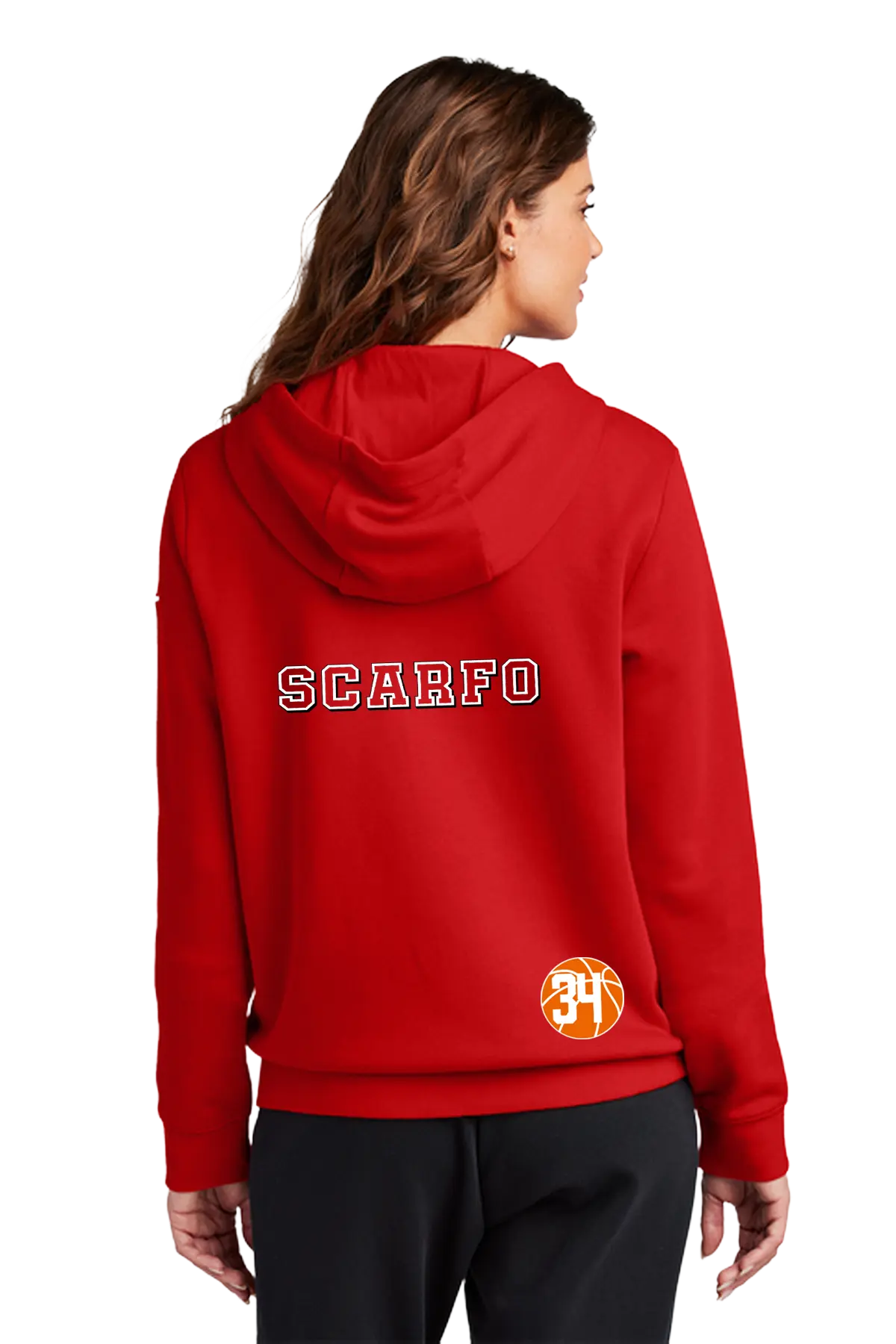 A woman shown from the back wearing a bright red hoodie with 'SCARFO' printed in white varsity-style letters across the upper back and a circular orange and yellow logo near the lower back. She is also wearing black pants against a plain white studio background. Blairstown Lady Seaters Basketball, Paper Street Print Co, Blairstown, NJ.