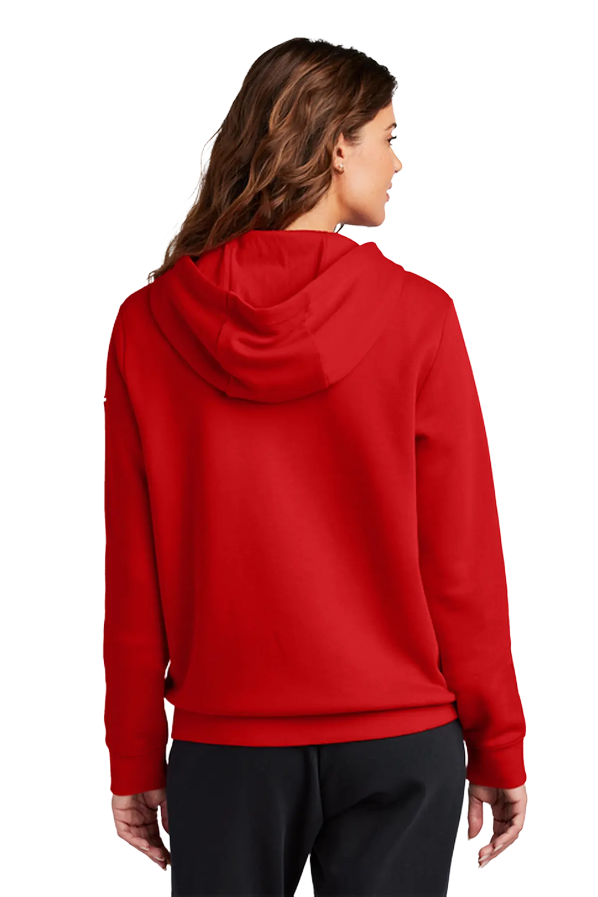 A woman shown from the back wearing a bright red pullover hoodie and black pants against a plain white studio background. Blairstown Lady Seaters Basketball, Paper Street Print Co, Blairstown, NJ.