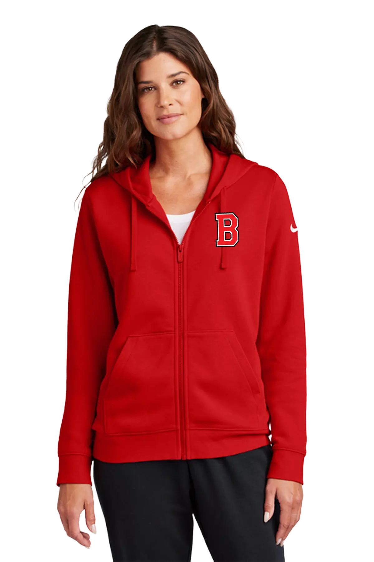 A woman wearing a red full-zip hoodie with a white embroidered letter 'B' on the left chest and a white Nike swoosh on the right sleeve, paired with black pants, against a plain white background. Blairstown Lady Seaters Basketball, Paper Street Print Co, Blairstown, NJ.