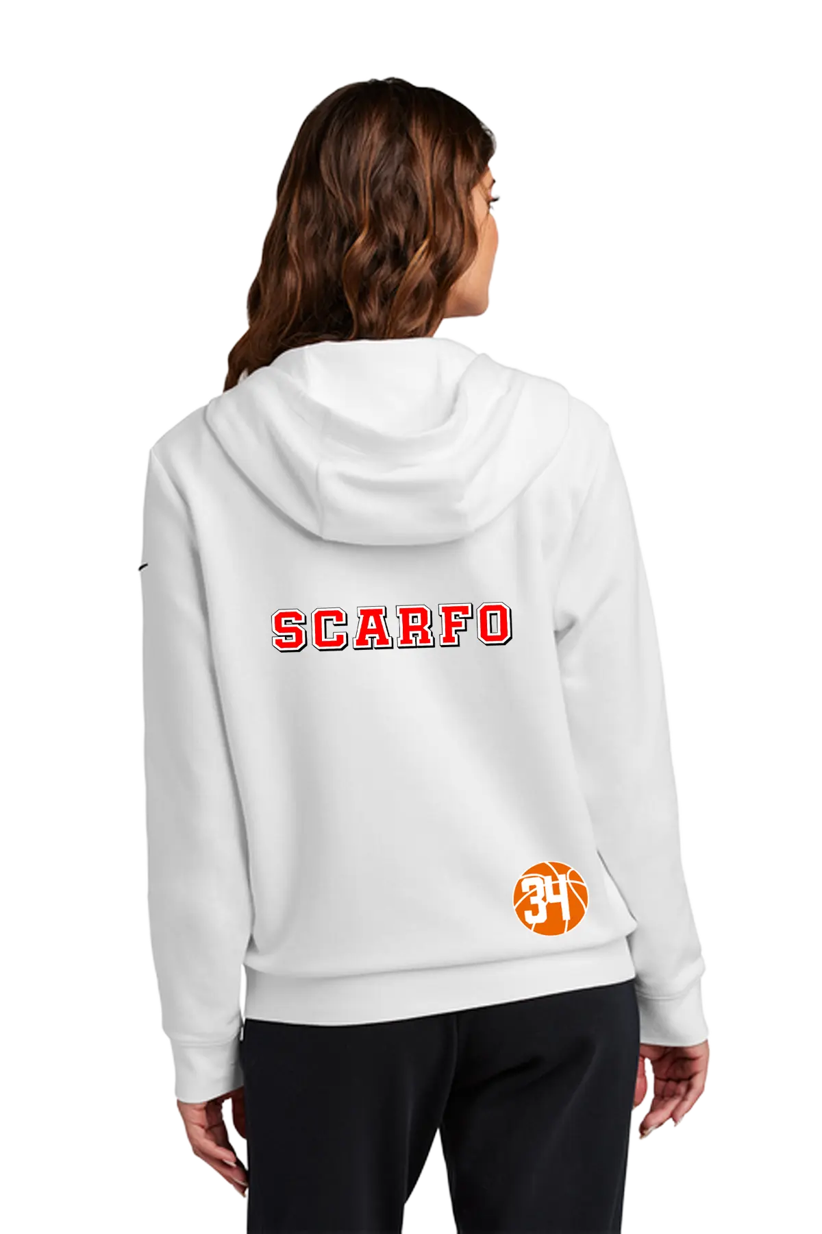 A woman viewed from the back wearing a white hoodie with 'SCARFO' printed in red block letters across the upper back and a small orange circular logo near the lower right back. She is also wearing black pants against a plain white studio background. Blairstown Lady Seaters Basketball, Paper Street Print Co, Blairstown, NJ.