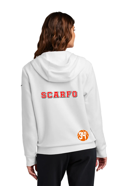 A woman viewed from the back wearing a white hoodie with 'SCARFO' printed in red block letters across the upper back and a small orange circular logo near the lower right back. She is also wearing black pants against a plain white studio background. Blairstown Lady Seaters Basketball, Paper Street Print Co, Blairstown, NJ.