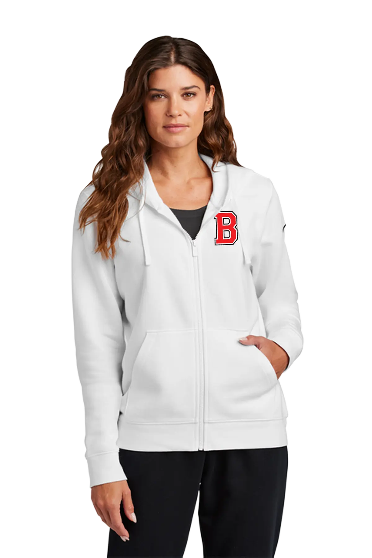 Woman wearing a white hoodie with a logo on a white background. Blairstown Lady Seaters Basketball, Paper Street Print Co, Blairstown, NJ.