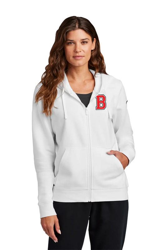 Woman wearing a white hoodie with a logo on a white background. Blairstown Lady Seaters Basketball, Paper Street Print Co, Blairstown, NJ.
