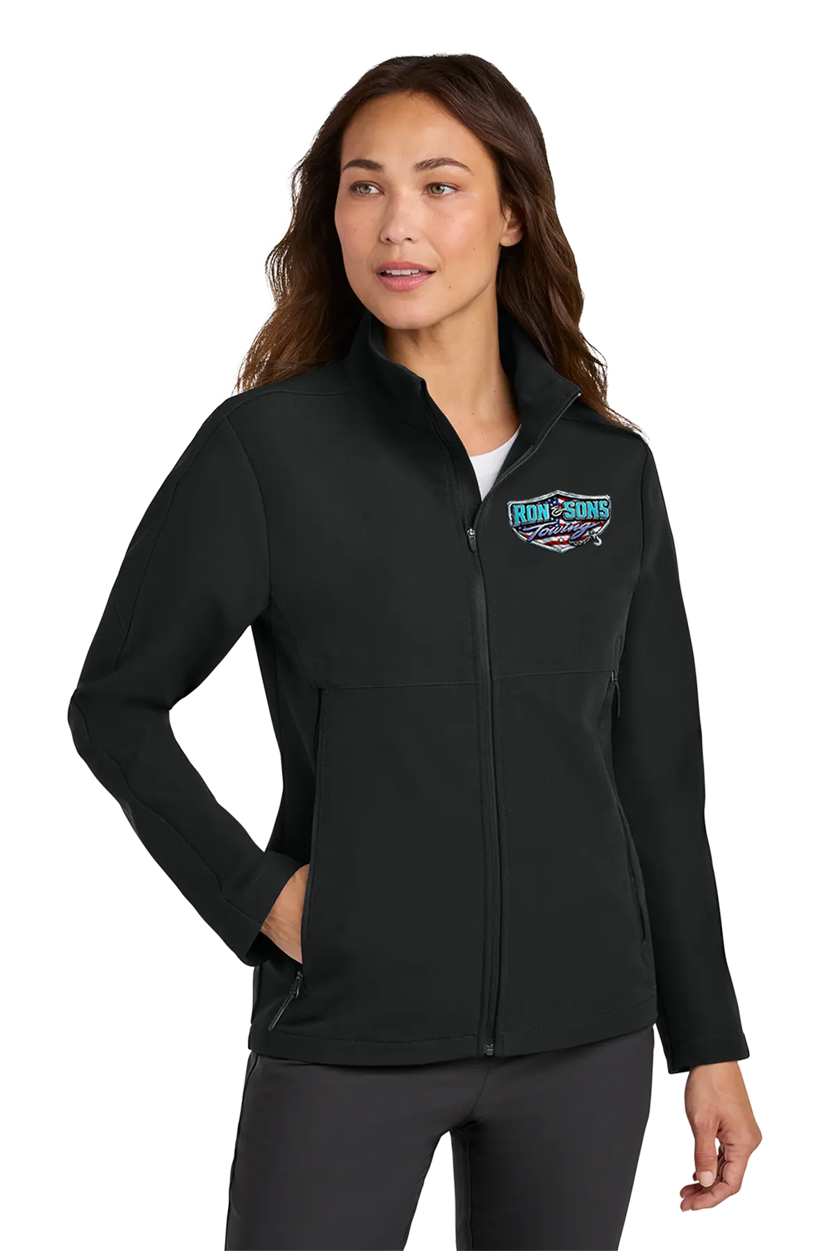 Woman wearing a black jacket with a logo on a white background. Ron and Sons Towing, Paper Street Print Co, Blairstown, NJ.