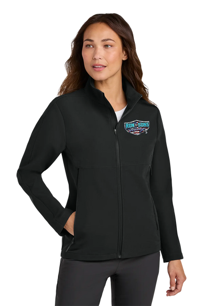 Woman wearing a black jacket with a logo on a white background. Ron and Sons Towing, Paper Street Print Co, Blairstown, NJ.