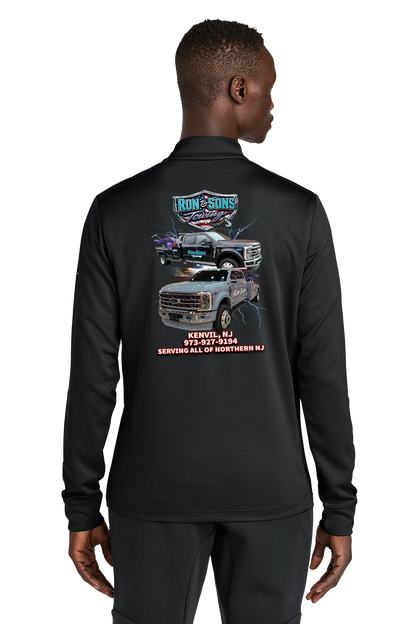 Black long-sleeve shirt with graphics and text on the back, worn by a person. Ron and Sons Towing, Paper Street Print Co, Blairstown, NJ.