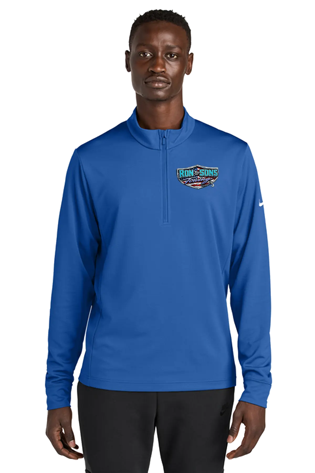 Person wearing a blue pullover with a logo on a white background. Ron and Sons Towing, Paper Street Print Co, Blairstown, NJ.
