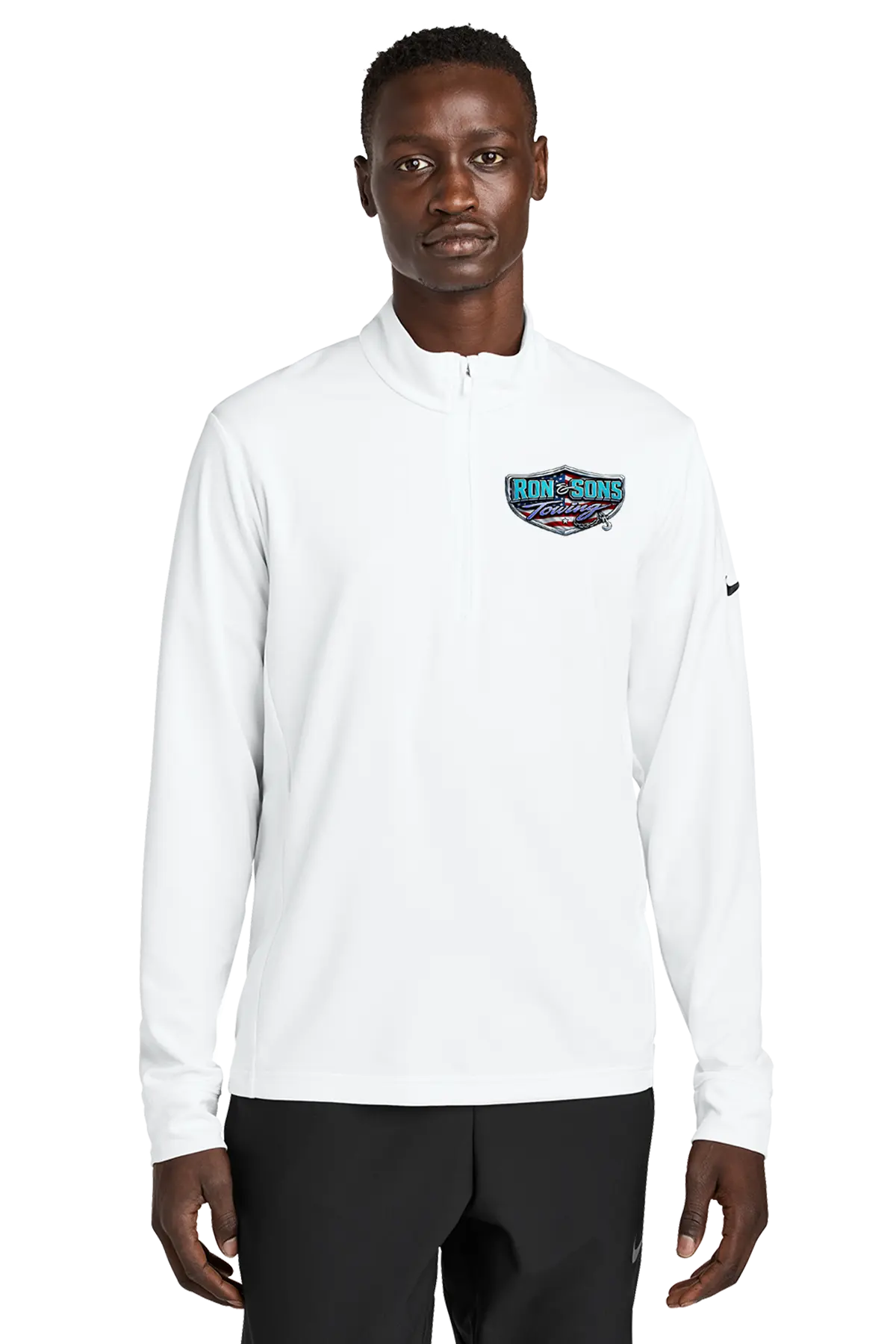 Man wearing a white long-sleeve shirt with a logo on a white background. Ron and Sons Towing, Paper Street Print Co, Blairstown, NJ.