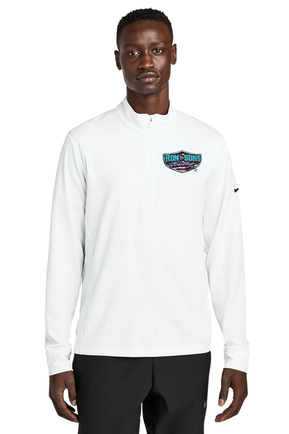 Man wearing a white long-sleeve shirt with a logo on a white background. Ron and Sons Towing, Paper Street Print Co, Blairstown, NJ.