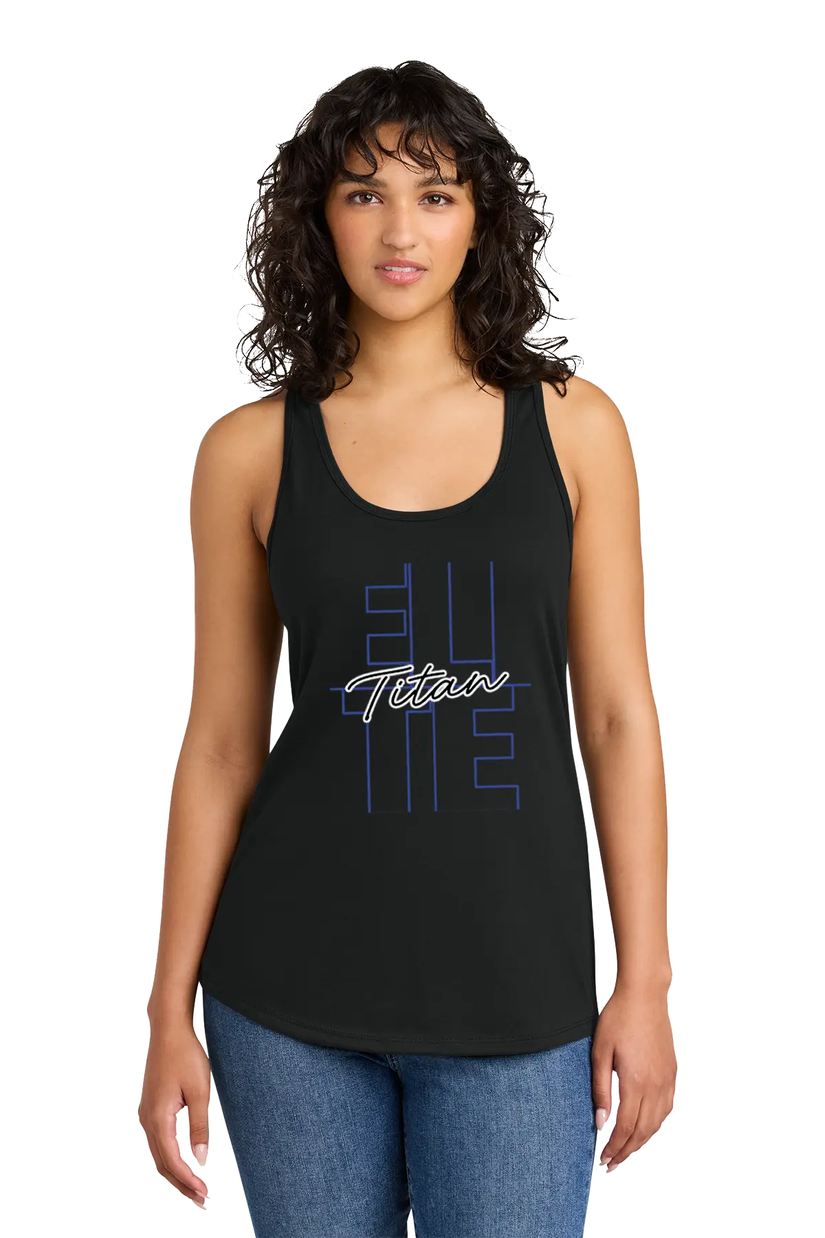 Woman wearing a black tank top with 'Elle Titan' text on a white background. Paper Street Print Co, Blairstown, NJ.