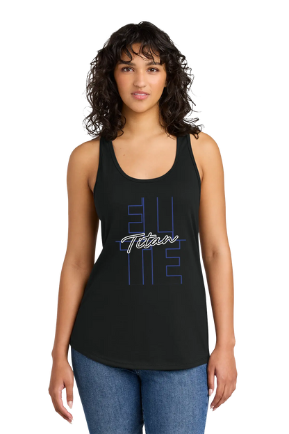 Woman wearing a black tank top with 'Elle Titan' text on a white background. Paper Street Print Co, Blairstown, NJ.