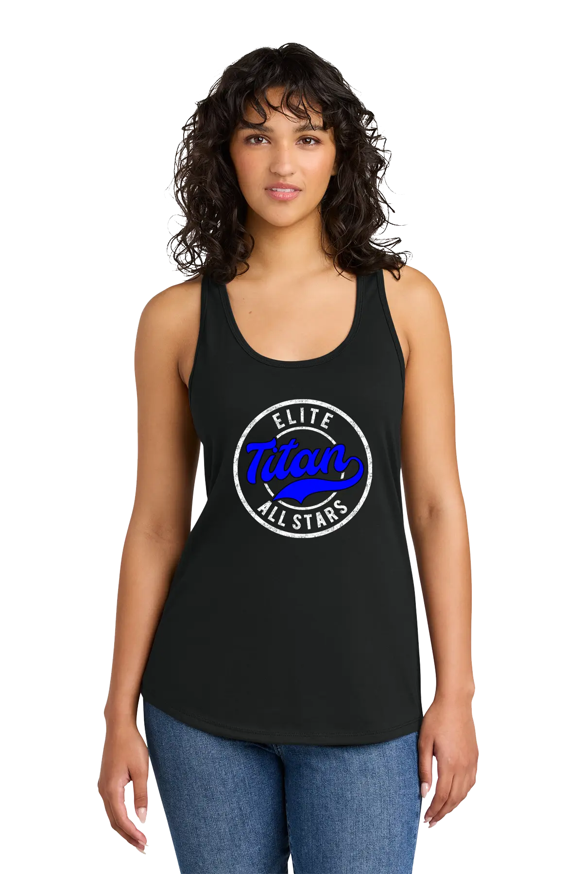 Woman wearing a black tank top with 'Elite Titan All Stars' logo on a white background. Paper Street Print Co, Blairstown, NJ.