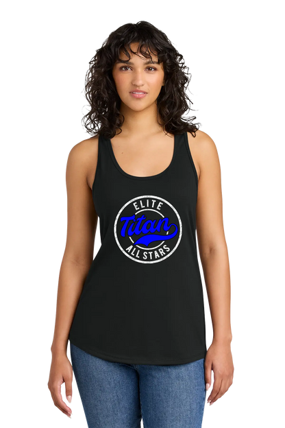 Woman wearing a black tank top with 'Elite Titan All Stars' logo on a white background. Paper Street Print Co, Blairstown, NJ.