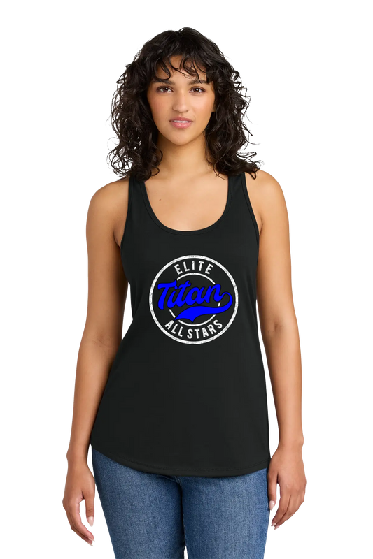 Woman wearing a black tank top with 'Elite Titan All Stars' logo on a white background. Paper Street Print Co, Blairstown, NJ.