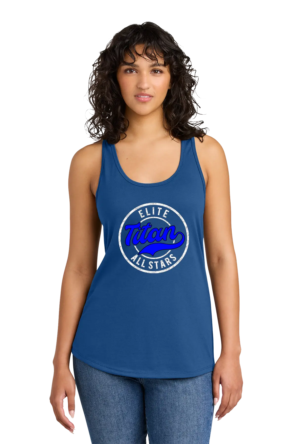 Woman wearing a blue tank top with 'Elite Titan All Stars' logo on a white background. Paper Street Print Co, Blairstown, NJ.