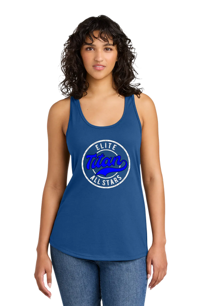 Woman wearing a blue tank top with 'Elite Titan All Stars' logo on a white background. Paper Street Print Co, Blairstown, NJ.