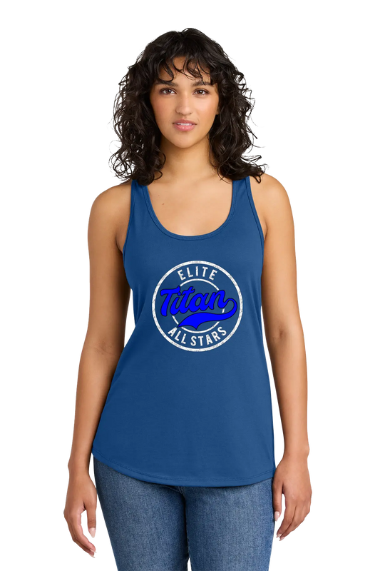 Woman wearing a blue tank top with 'Elite Titan All Stars' logo on a white background. Paper Street Print Co, Blairstown, NJ.